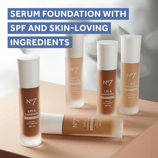 No7 Lift & Luminate Triple Action Serum Foundation - Liquid Makeup with SPF 15 for a Dewy, Glowy Base - Radiant Formula for Mature Skin - Cool