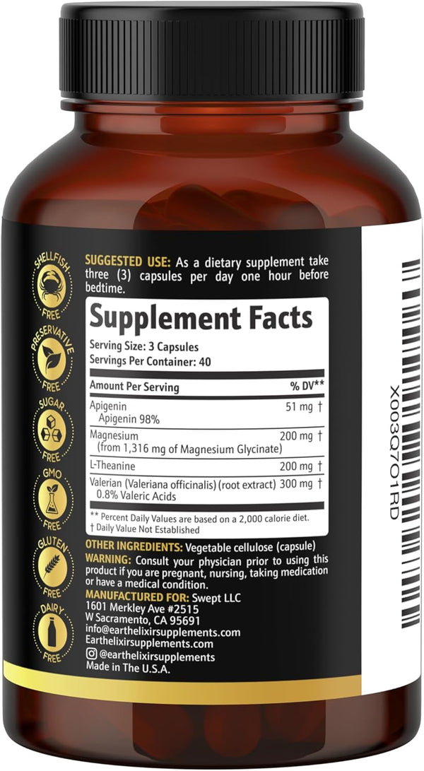 4-In-1 Sleep Aid (120 Caps) W/Apigenin 50Mg, Magnesium Glycinate 200Mg, L Theanine 200Mg & Valerian Root for Sleep Aid 300Mg | Apigenin Supplement