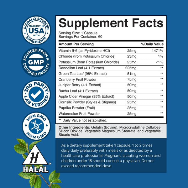 Water Away Herbal Diuretic Pills High Strength - Fluid Retention Supplement with Dandelion Leaf Extract & Green Tea for Bloating Relief for Women