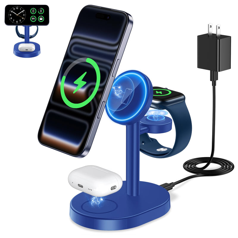 3 in 1 Wireless Charging Station for Apple Magsafe Charger, 15W Fast Qi-Certified Magnetic Mag-Safe Charger Stand for Iphone 16 15 14 13 12 Apple