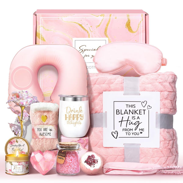 Birthday Gifts for Women Self Care Gifts Get Well Soon Gifts for Women,Relaxing Spa Gifts Basket W/Flannel Blanket Traveling Pillow Care Package