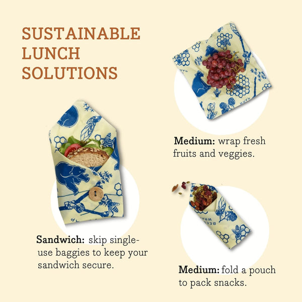 Bee'S Wrap Beeswax Wraps for Food - Bees + Bears 3 Pack (2M 1 Sandwich) Made in USA Reusable & Organic Food Wraps, Sandwich Wrap - Eco-Friendly