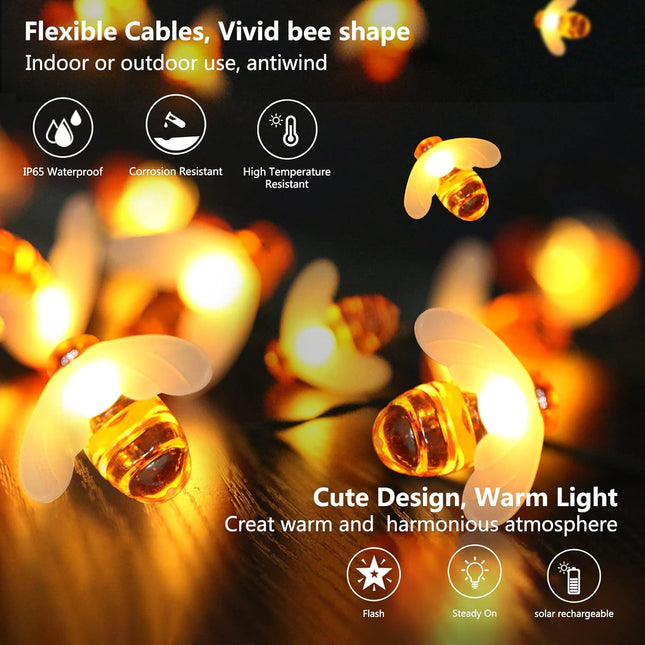 Solar Bee Light String, 14.7Ft 2 Modes Copper Wire Outdoor Bee Light String, 30 Leds for Indoor and Outdoor Yard Decorat