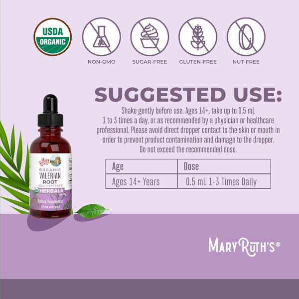 Maryruth Organics Valerian Root Liquid Drops | 2 Month Supply | Sugar Free | USDA Organic Valerian Root Drops | Support Sleep | Calm and Stress