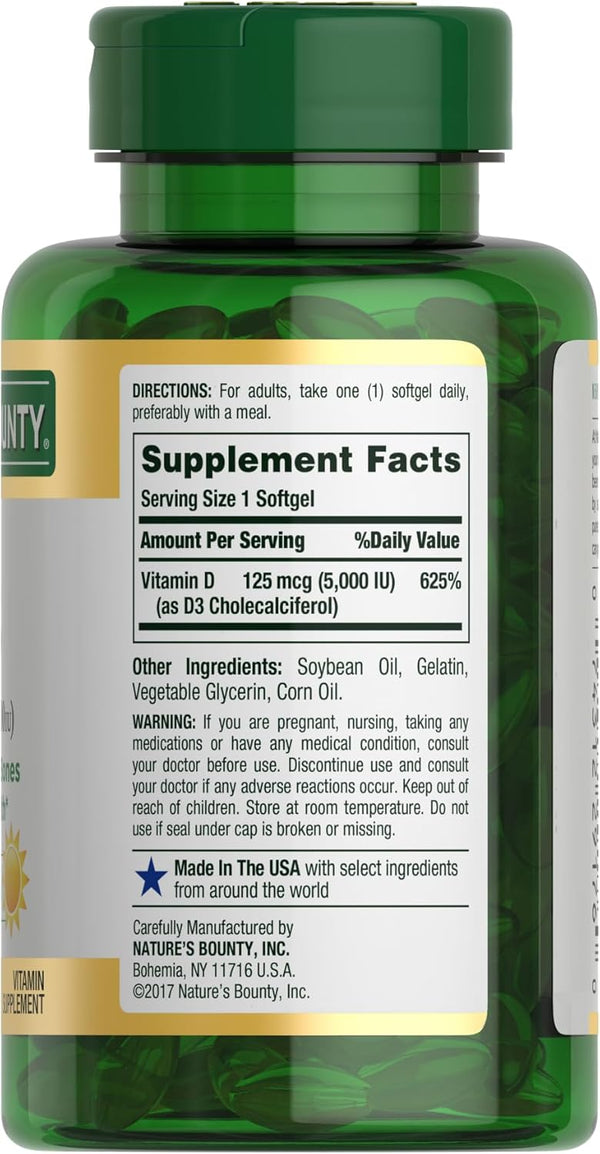 Nature's Bounty Vitamin D3 5000 IU Softgels, Rapid Release, Immune Support, Vitamin D Supplements, 240 Ct 240 Count (Pack of 1)