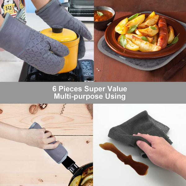 KEGOUU Oven Mitts and Pot Holders 6pcs Set, Kitchen Oven Glove High Heat Resistant 500 Degree Extra Long Oven Mitts and Potholder with Non-Slip