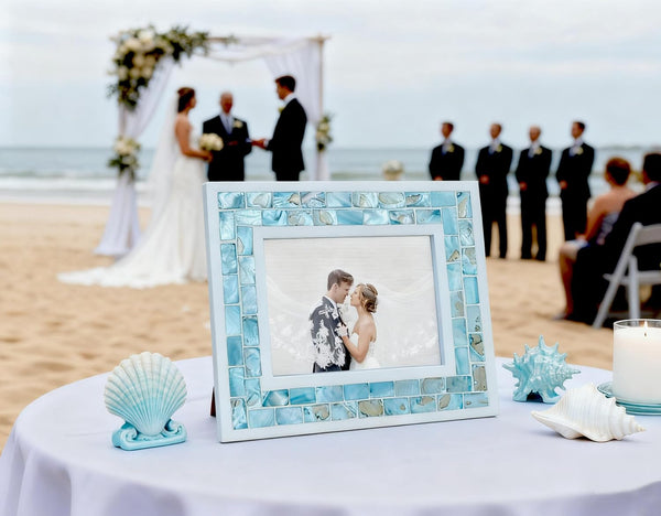 GIFTME 5 Beach Picture Frame 8X10,Mosaic Picture Frame Mother of Pearl,Turquoise Tabletop or Wall Hanging Photo Frame(8X10 Inch, Blue,1Pc)