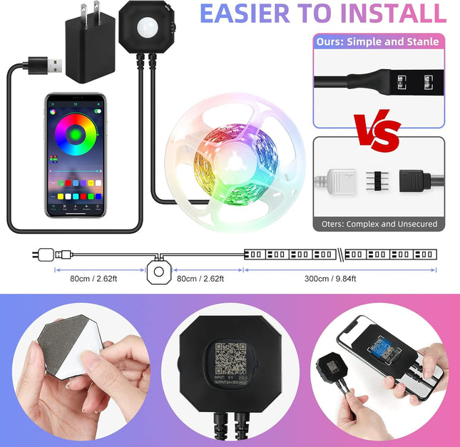 Motion Activated under Bed Light Strips, 2X9.8Ft RGB Motion Sensor LED Light Strip with App Control, USB 5V Dimmable LED