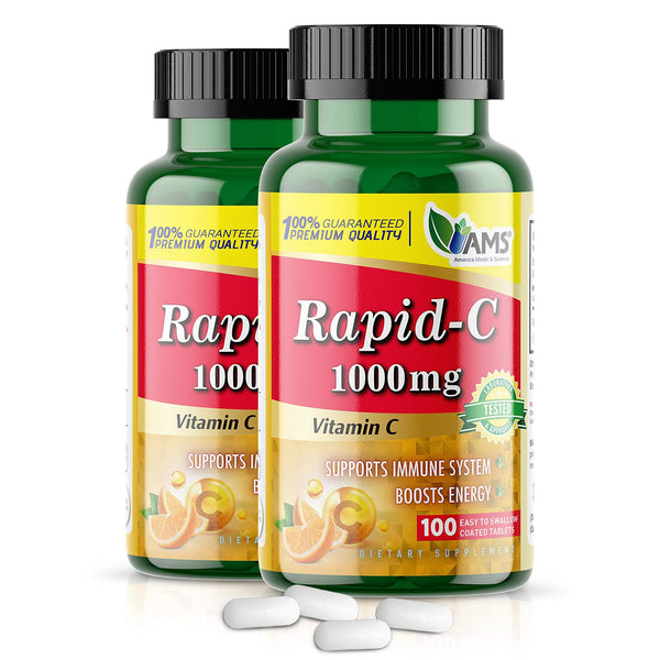 America Medic & Science Rapid-C 1000Mg Vitamin C Supplement (2 Pack of 100 Tablets) Energy Booster, Daily Immune System Support, Antioxidant |