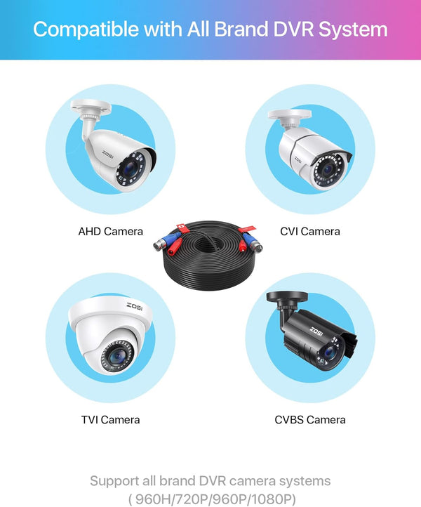 ZOSI 4-Pack 100ft (30m) BNC Video Power Cables, All-in-One Pre-Made Extension Wire for CCTV Security Camera Surveillance DVR Systems, Includes 4