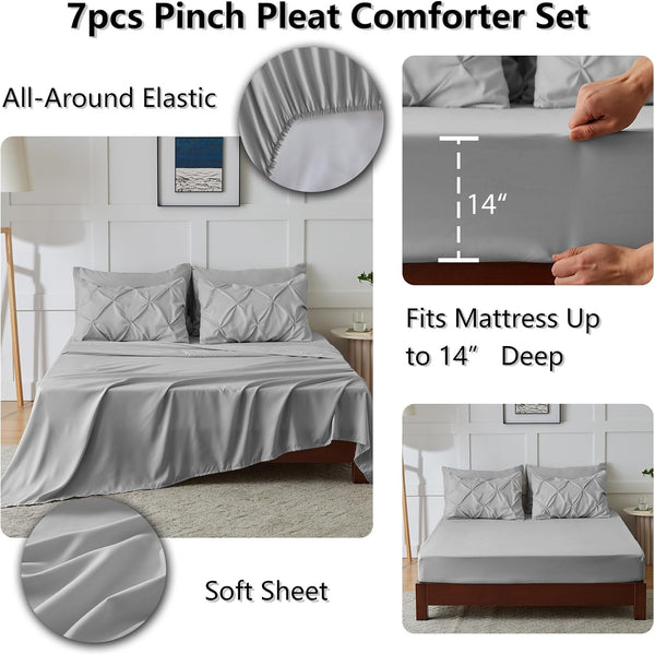 Cozylux King Size Comforter Set Light Grey, 7 Pieces Pintuck Bed in a Bag Gray Comforter King Size, Pinch Pleat Bedding Set with All Season