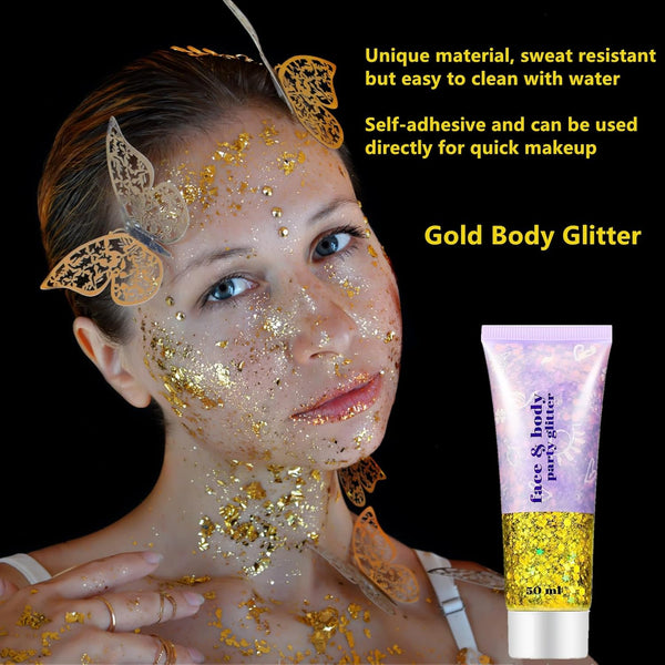 Go Ho Gold Face Body Glitter,Mardi Gras Glitter Makeup Gold Face Paint,Holographic Chunky Sequins Glitters for Eye Lip Hair Nails,Festival Rave