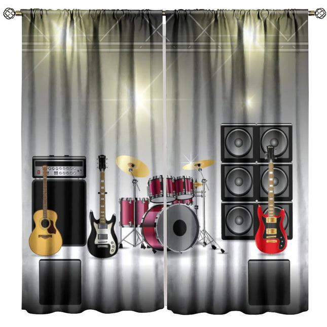 Rock Music Curtains, Teens Boys Electronic Musical Instrument Curtain Guitar Drum Speaker Window Drapes for Bedroom Livi