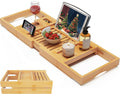 Foldable Bamboo Bathtub Caddy Tray Expandable for Luxury Bath, Bath Accessories & Table with Wine Glass Holder, Book Stand Bathroom Organizer with
