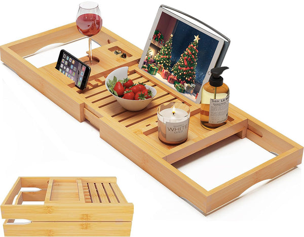Foldable Bamboo Bathtub Caddy Tray Expandable for Luxury Bath, Bath Accessories & Table with Wine Glass Holder, Book Stand Bathroom Organizer with