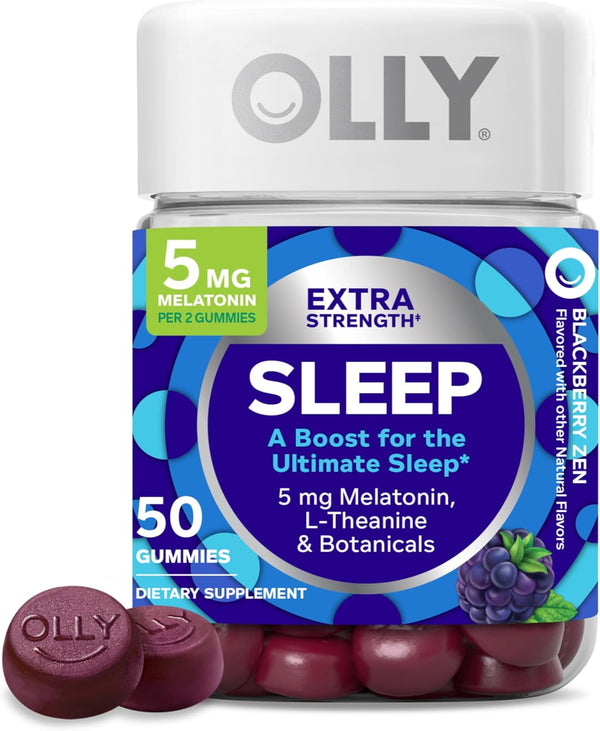OLLY Extra Strength Sleep Gummy, 5 Mg Melatonin, L-Theanine, Chamomile, Lemon Balm, Sleep Aid, Blackberry - 50 Count