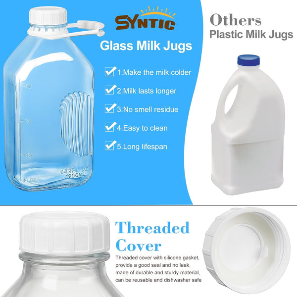 Syntic 4 Pack 2 Qt Glass Milk Bottles with Handle and Airtight Reusable Screw Lids, 1/2 Gal Glass Water & Juice Bottles, 64 Oz Milk Jug Pitcher W