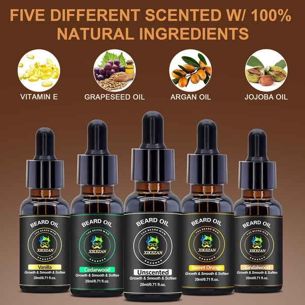 XIKEZAN 5 Pack Beard Oil Set W/Sandalwood,Orange,Vanilla,Cedarwood,Christmas Stocking Stuffers Fathers Valentines Gifts for Men Him Dad Boyfriend