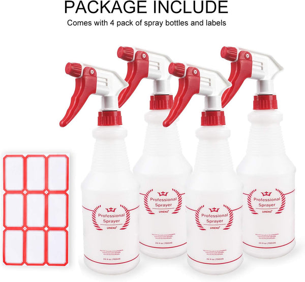 Plastic Spray Bottle (4 Pack, 24 Oz, All-Purpose) Heavy Duty Spraying Bottles Leak Proof Mist Empty Water Bottle for Cleaning Solution Planting