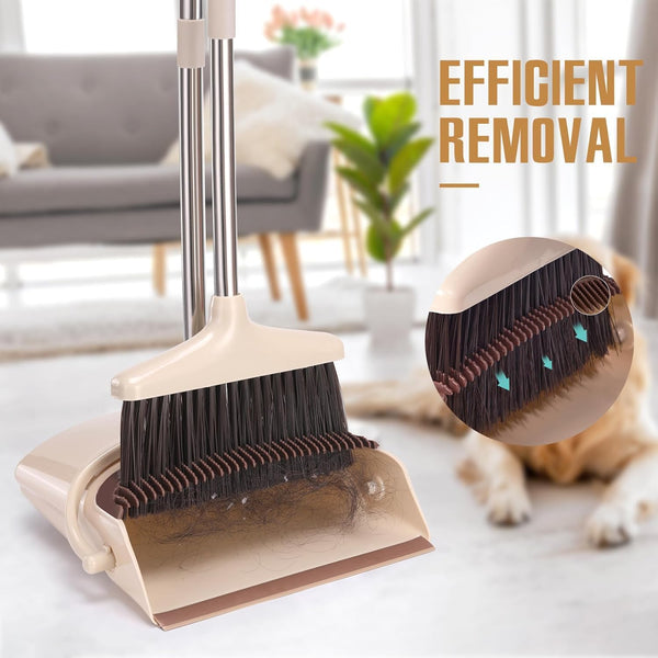 Broom and Dustpan Set with Long Handle, Light Weight Stainless Steel Poles Stand Upright Dustpans with Broom Combo for Home Kitchen Office Pet Dog