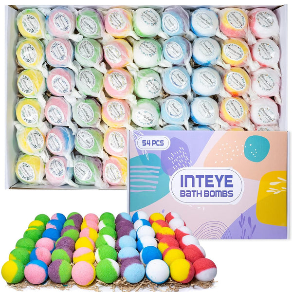 INTEYE Luxury Bath Bombs Gift Set - 54Pc Skin-Nourishing Mineral Bath Salts with Natural Essential Oils & 9 Aromas | Spa-Qualit Self-Care for