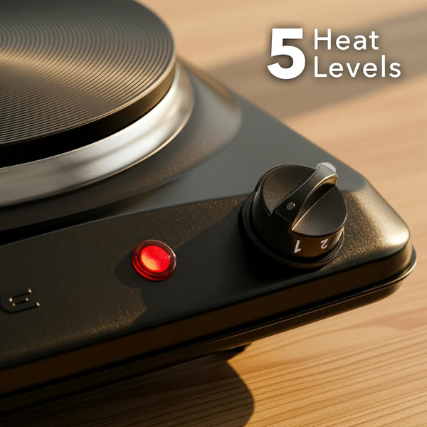 OVENTE Electric Countertop Single Burner, 1000W Cooktop with 7.25 Inch Cast Iron Hot Plate, 5 Level Temperature Control, Compact Cooking Stove and