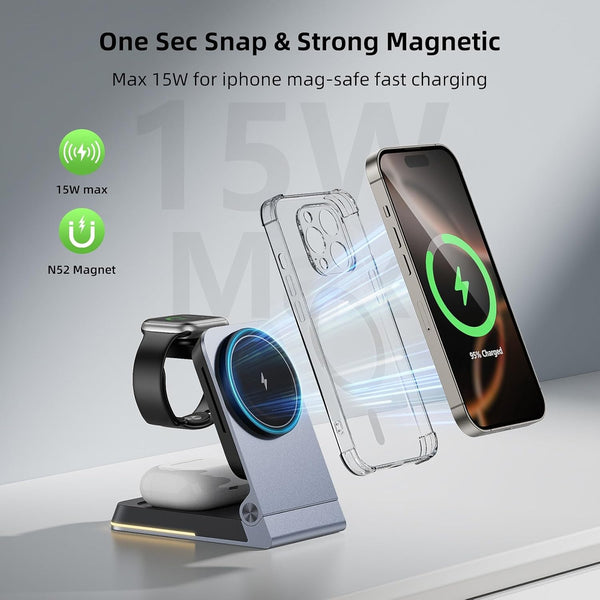 Aluminum 3 in 1 Wireless Charging Station,Foldable Wireless Charger for Apple Magsafe with Light,Portable Travel Magnetic Charger Stand for Iphone