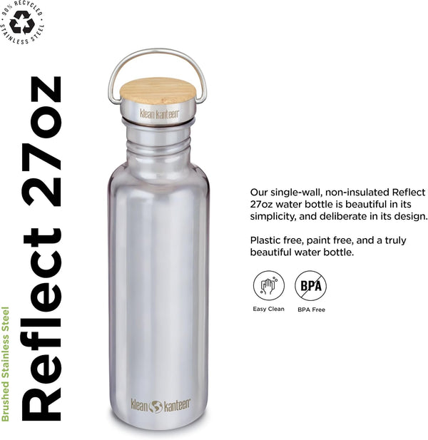 Klean Kanteen 27 Oz Reflect Water Bottle with Bamboo Cap - Reusable Water Bottle - Bpa-Free - Made with Stainless Steel & Food-Grade Silicone -