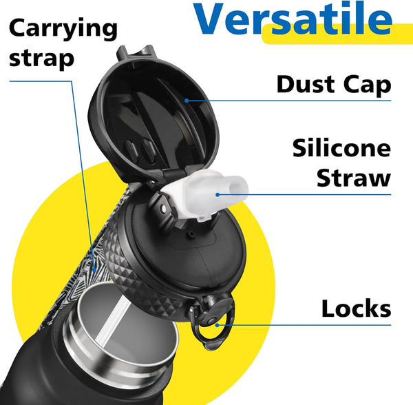 Han'S Bottle Sports Water Bottle - 24 Oz, Straw Lid, Leak Proof, Vacuum Insulated Stainless Steel, Double Walled, Thermo Mug,Black