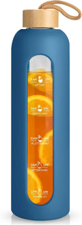 Sursip 32 Oz Glass Water Bottle with Time Marker,1 Liter Bpa-Free Reusable Motivational Water Bottle with Non-Slip Silicone Sleeve and Bamboo Lid,