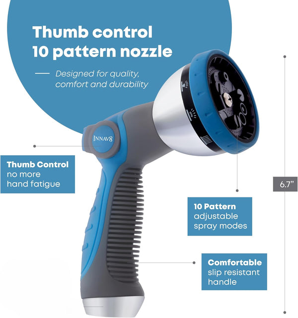 INNAV8 Garden Hose Nozzle Heavy Duty - Features 10 Spray Patterns, THUMB CONTROL On Off Valve Hose Sprayer Nozzle for Easy Water Control - Outdoor