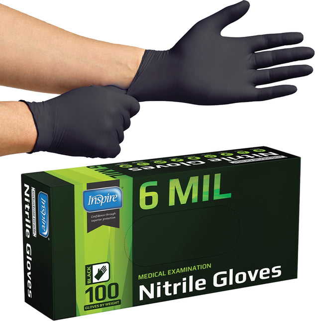 Inspire Black Nitrile Gloves HEAVY DUTY 6 Mil Nitrile Chemical Resistant Medical Cooking Cleaning Disposable Black Glove