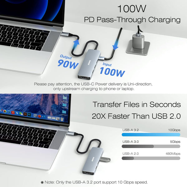 BENFEI USB C Hub 5-In-1 with 4K Hdmi(Certified), 100W Power Delivery, 3 USB-A, Silicone Cable, Aluminum Case Compatible with Macbook Pro/Air, Ipad