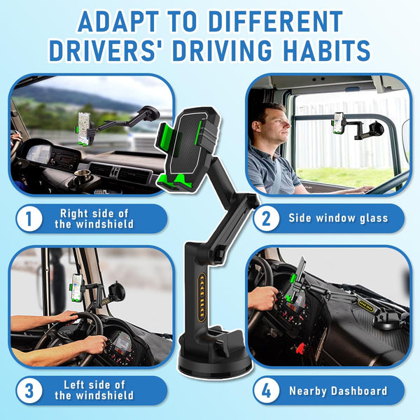 Heavy Duty Phone Holder - Long Arm, Anti-Shake Suction Cup, Compatible with All Phones & Vehicles