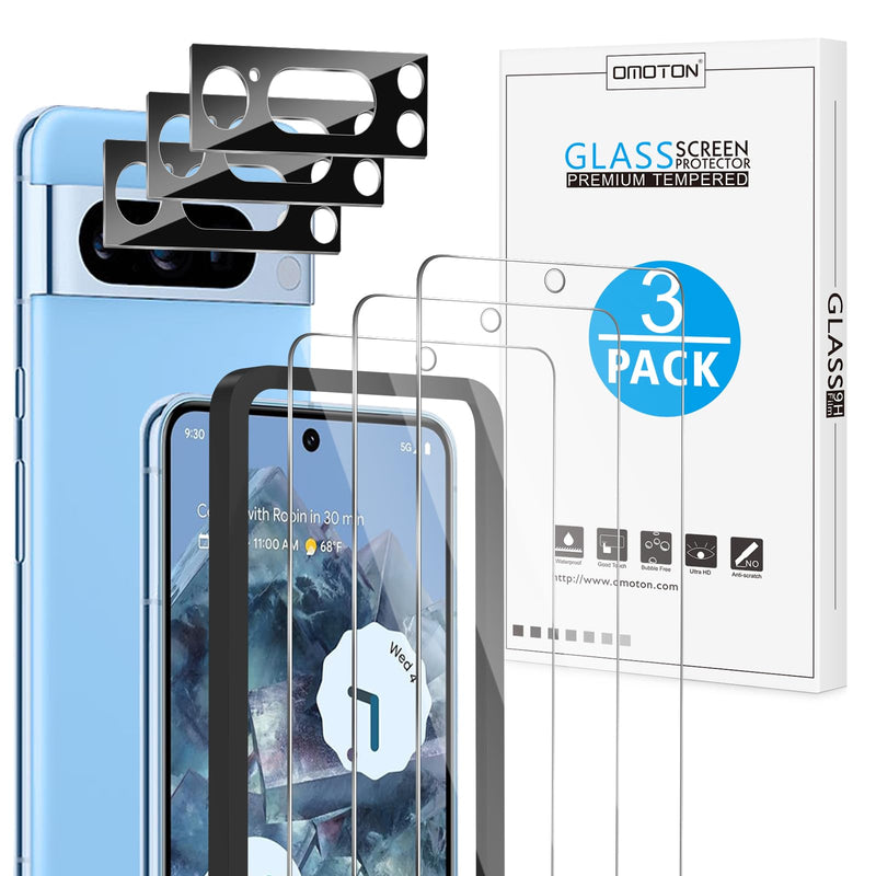 OMOTON for Pixel 8 Pro Screen Protector, 3 Pack for Pixel 8 Pro Tempered Glass, 3 Camera Lens Protector, Fingerprint Sensitivity (6.7 Inch, 2023