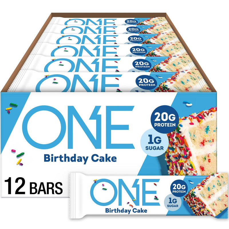 ONE Protein Bars, Birthday Cake, Gluten Free with 20G Protein and 1G Sugar, Pantry Staples, 2.12 Oz (12 Count)