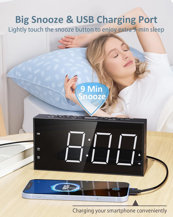 Loud Alarm Clock with Bed Shaker for Heavy Sleeper, Dual Vibrating Alarm Clock with USB Charger for Hearing-Impaired Deaf, 7.5ââ Large LED Display