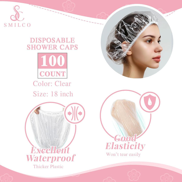 Disposable Shower Caps 100Pcs, 18.1 Inch Plastic Shower Cap for Women Waterproof Bath & Bathing Accessories, Home & Travel Essentials