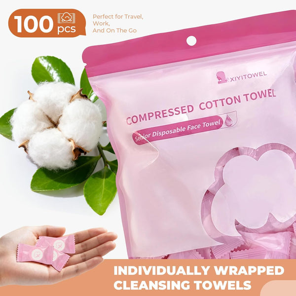 Classycoo Compressed Towel 100 PCS Mini Tablets Disposable Portable Face Towel Cotton Coin Tissue Eco-Friendly for Travel, Camping, Hiking, Sport,