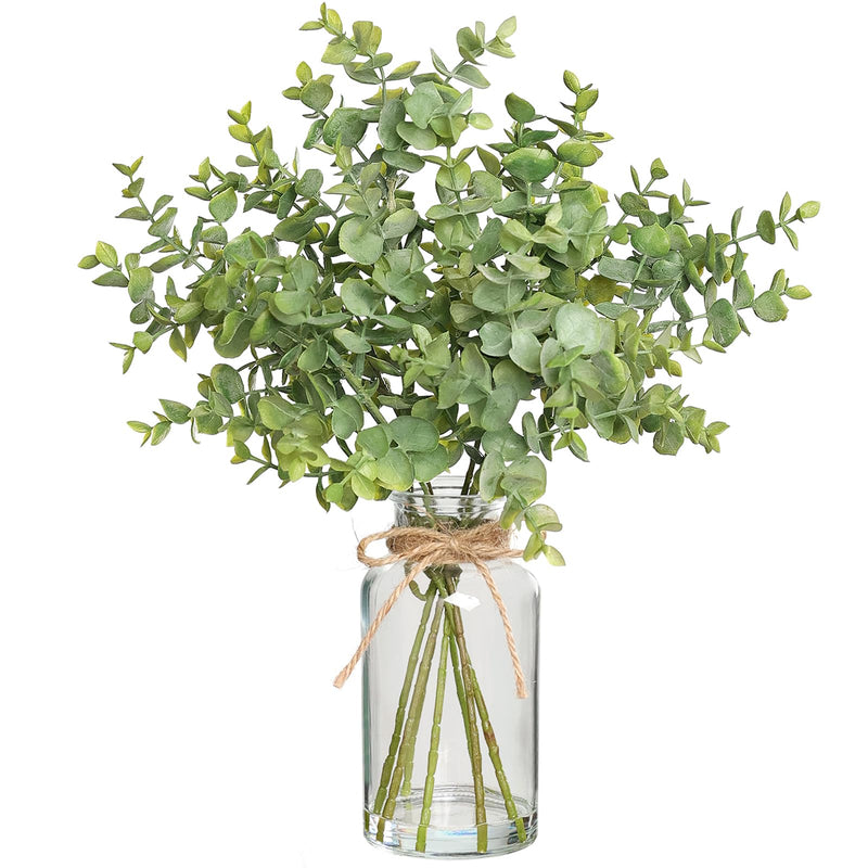Zheart Fake Eucalyptus Stems in Glass Vase with Faux Water,14" Artificial Plants Eucalyptus Leaves for Shelf Desk Bathroom Farmhouse Room Coffee