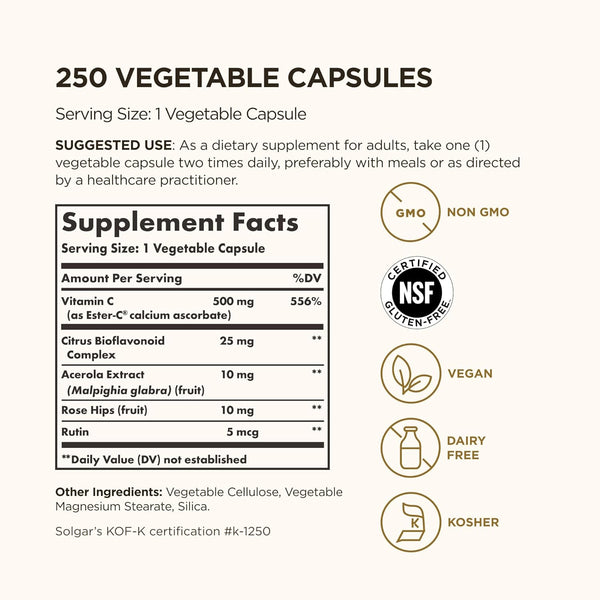 Solgar Ester-C plus Vitamin C (Ascorbate Complex) - Gentle & Non Acidic - Antioxidant & Immune Support - Non GMO, Vegan, Gluten Free, Kosher -