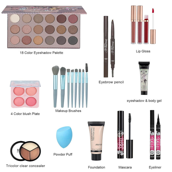 All in One Makeup Kit Includes18-Color Eyeshadow Palette Lip Gloss Brow Pencil Blush Concealer Foundation Mascara & Eyeliner with Travel-Friendly