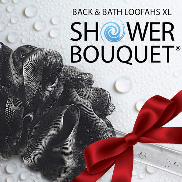 SHOWER BOUQUET Loofah-Charcoal Back-Scrubber & Bath-Sponge Set // 1 Long-Handle-Back-Brush Plus 2 Extra Large 75g Soft Mesh Loofa-Lufa-Loufa Puff