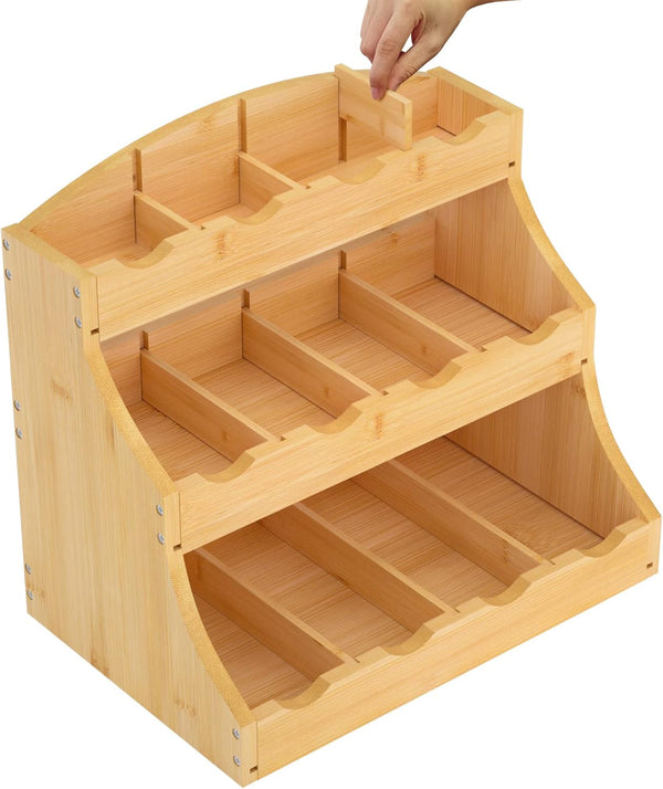 Bamboo Tea Bag Organizer, 3 Tier Vertical Tea Organizer, Tea Holder for Kitchen Island, Coffee Shop or Office, Tea Storage with 12 Adjustable