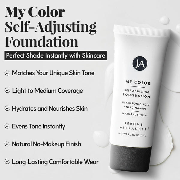 Jerome Alexander My Color Self-Adjusting Foundation, Hydrating & Lightweight Face Makeup, Skincare-Infused, with Kabuki Brush, Light, 1 oz 01 Light