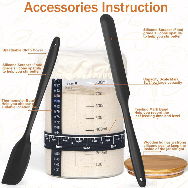 Sourdough Starter Jar Glass, 34 Oz DIY Wide-mouth Pro Sourdough Starter Jar Kit with Silicone Spatula,Cholkboard Sign, hermometer,Feeding