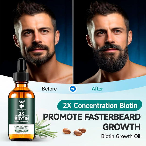 Beard Growth Oil - 2X Concentration Biotin Beard Oil for Men (2 oz) - Natural Mens Beard Oil with Argan Oil, Jojoba Oil and Vitamin, Beard Growth