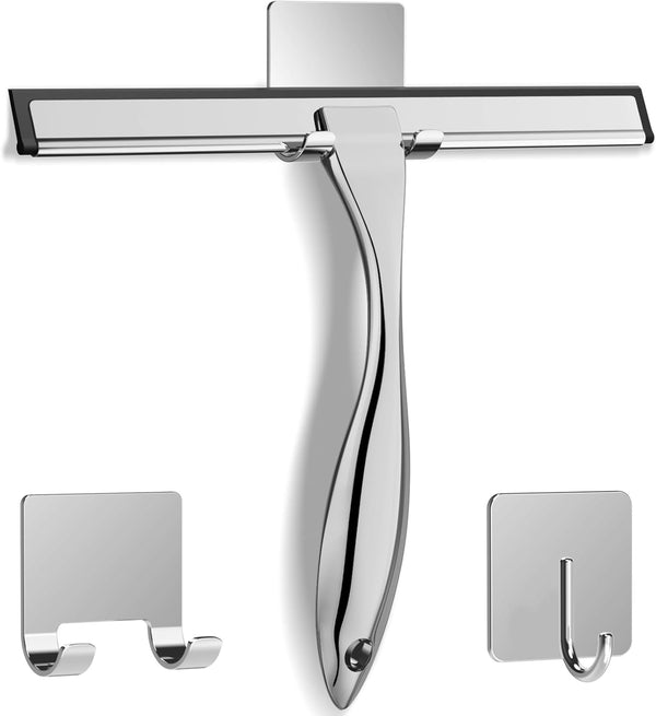 All-Purpose Stainless Steel Shower Squeegee for Shower Glass Door with 2 Adhesive Hooks, Bathroom Cleaner Tool Household Window Mirror Squeegee ,