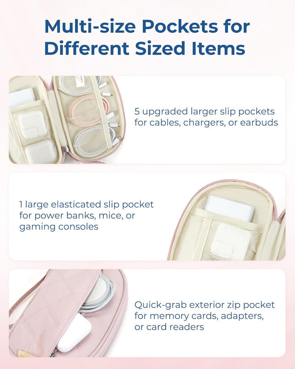 BAGSMART Cord Organizer Travel Cable Bag, Compact Tech Electronic Organizer Travel Case, Essentials for Charger, Cable, Phone, Flash Drive - Pink