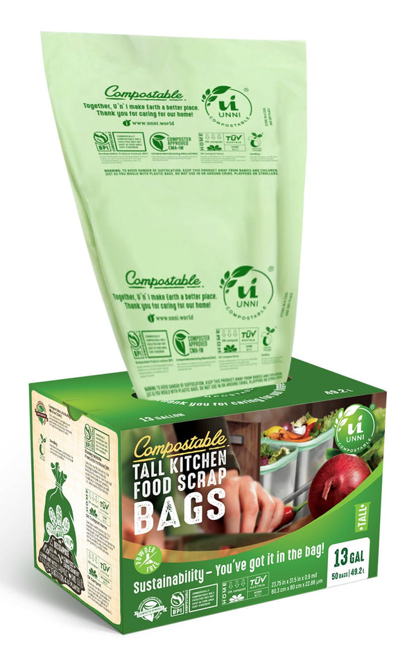 UNNI Compostable Liner Bags, 13 Gallon, 49.2 Liter, 50 Count, Heavy Duty 0.9 Mil, Tall Kitchen Food Scrap Waste Bags, ASTM D6400, US BPI, CMA and